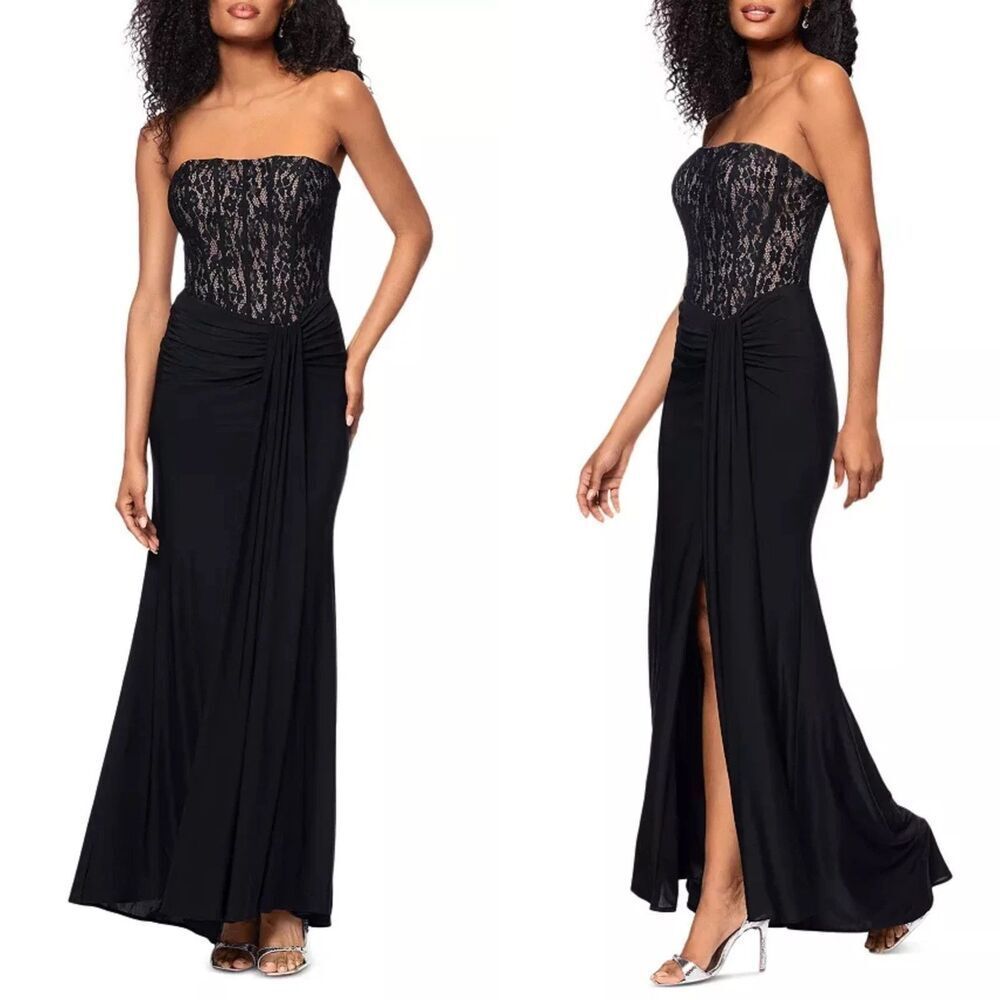 New Betsy & Adam Black Strapless Sequin Lace Bustier Holiday Party Dress Gown  6